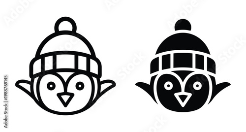 Penguin head wearing winter beanie hat icon set in outline and solid black style for seasonal holiday design projects