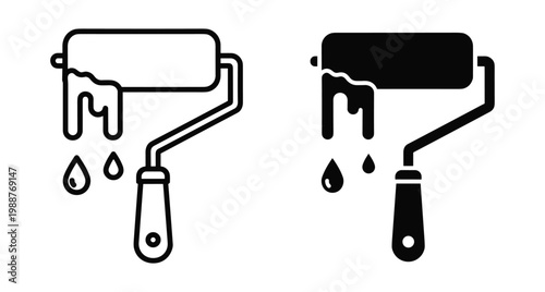 Paint roller icon set with dripping wet paint drops for home renovation construction repair maintenance and wall decorating projects