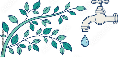 Illustration of a green plant branch with leaves next to a water tap dripping a single drop
