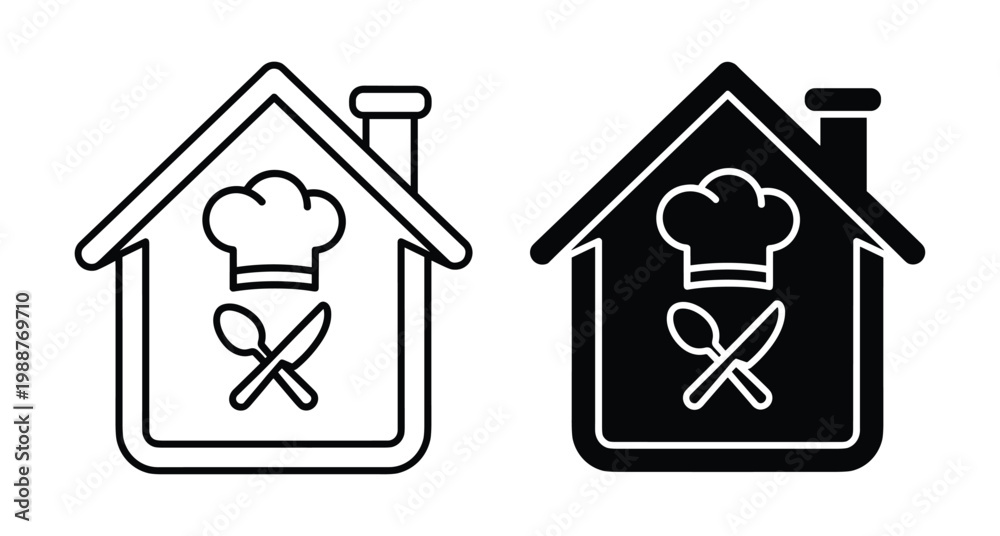 Fototapeta premium Home cooking icon set featuring chef hat spoon and knife inside house symbol for restaurant delivery catering and kitchen services