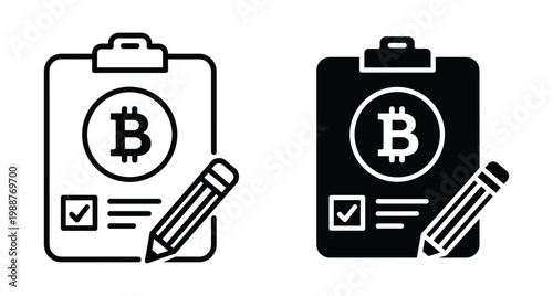 Bitcoin clipboard icon set with pencil and checkmark for cryptocurrency transaction report digital finance audit and blockchain data management