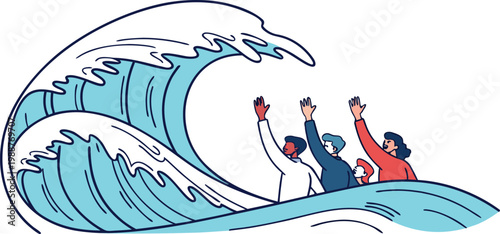 Illustration of a group of people facing a giant tidal wave