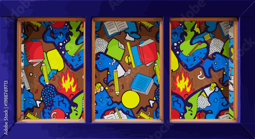 Triptych artwork featuring blue creatures amidst colorful objects and flames