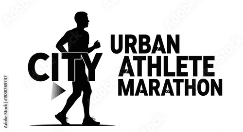 Urban Athlete Marathon Silhouette Running Across Cityscape in Black and White Modern Style