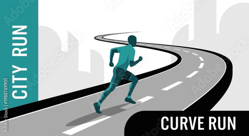 Urban Athlete Sprinting along a Winding Road, Cityscape Silhouette Background