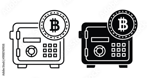 Bitcoin safe vault icon set for cryptocurrency security digital finance storage blockchain technology money protection bank deposit electronic wallet symbol