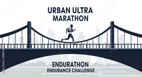 Urban Marathon Runner Crossing Bridge Silhouette Illustrating Endurance Challenge in Cityscape