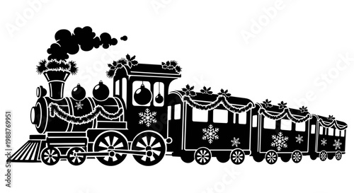 Black and white illustration of a festive train with snowflakes
