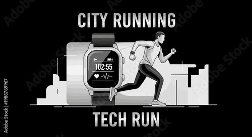 Urban Athlete Tracking Fitness Metrics While Running, Modern Tech Sport Activity