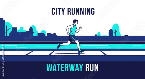 Urban Runner Sprinting Across Pathway Near Waterway With City Silhouette View