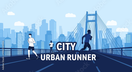 Urban Athletes Running Across Bridge in a Cityscape Under Azure Sky, Fitness Concept