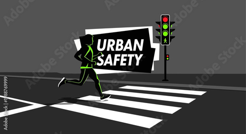 Urban Runner Crossing Road at Zebra Crossing with Traffic Light for City Safety