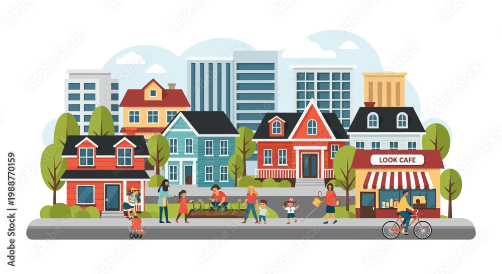 Obraz premium Vibrant Community Living Depicted With Colorful Houses, People, Trees, and Business in the City