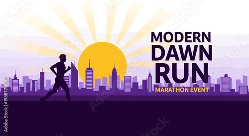 Vibrant Dawn Run Marathon Event Featuring Silhouette Runner In Urban Cityscape Design