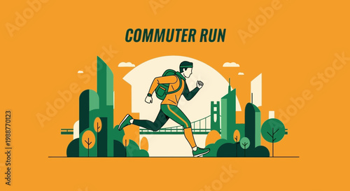 Urban Commuter Running Illustration: Daily Exercise Towards Cityscape Destination