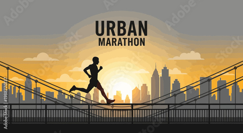 Urban Marathon Runner Silhouetted Against a Sunrise Over a City’s Skyline