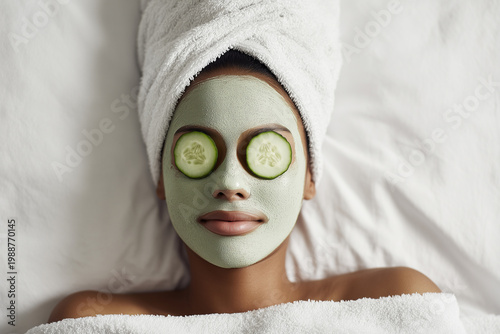 Beautiful young woman with facial clay mask and cucumber slices on eyes, spa and wellness concept