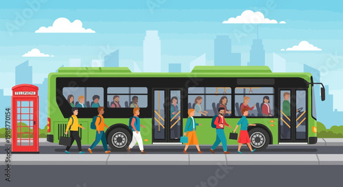 Urban Commute Scene Diverse People Boarding Modern Green Bus Alongside Iconic Red Phone Booth
