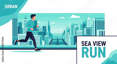 Urban Runner Enjoying a Scenic Sea View and Running Exercise in the Cityscape