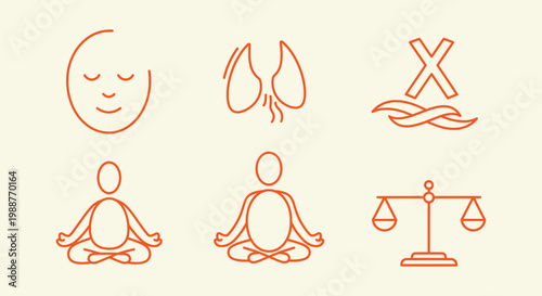 Zen Meditation and Mental Health Line Art Icons Featuring Lungs Balance Scales and Yoga Pose Set