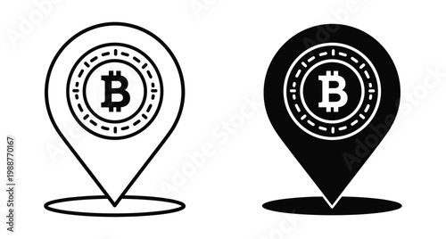 Bitcoin map pin location icon set with outline and solid black versions for cryptocurrency tracking digital wallet and financial navigation