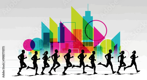 Urban Marathon Runners Silhouette With Colorful City Panorama Abstract Illustration