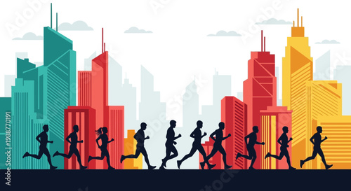 Urban Marathon Runners Silhouette, Energized Athletes Racing Through The Cityscape In Progress