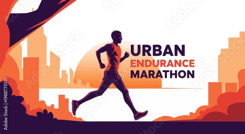 Urban Endurance Marathon Runner Sprinting Through Cityscape Background