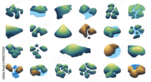 Collection of 3d landscape and island shapes in various colors and textures