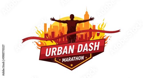 Urban Dash Marathon: Silhouette Athlete Celebrating with City Skyline and Vibrant Design