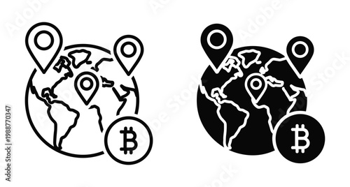 Global bitcoin cryptocurrency adoption icon set featuring earth globe with location pins and digital currency symbol for international financial technology