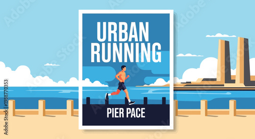 Urban Running Advertisement: Pier Pace Poster Featuring Energetic Runner and Coastal Scenery
