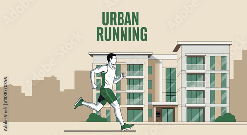 Urban Runner In Motion, City Building Backdrop Depicts Running And Exercise
