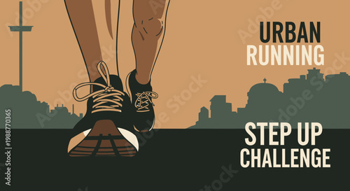 Urban Running Challenge Depicting Athletic Footwear And City Silhouette, Get Moving Now