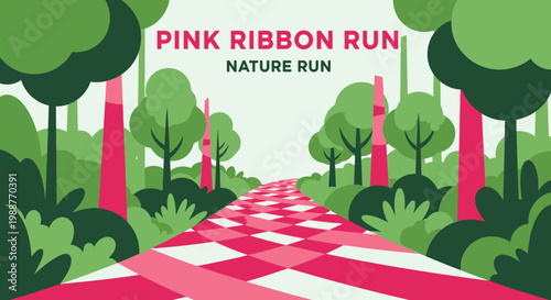 Vibrant Pink Ribbon Run in a Green Forest, Nature's Cheerful Landscape for Fundraising