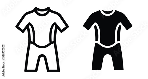 Wetsuit icon set for water sports diving surfing and triathlon activities featuring outline and solid black glyph vector design elements