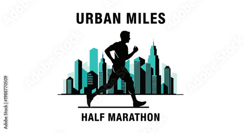 Urban Half Marathon Runner Silhouette Amidst Cityscape for Endurance Challenge Design