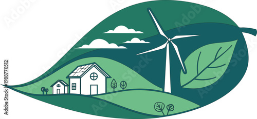 Green energy concept with wind turbine and ecofriendly house on a leaf shape