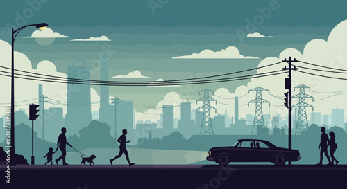 Urban Landscape Depicting Daily Activities and A Cityscape Silhouette at Dusk