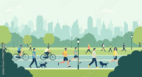 Urban Park Activities: Cycling, Walking, Running, and Dog-Walking Amidst Verdant Scenery