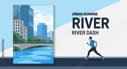 Urban Running River Dash: A Vibrant Depiction of Cityscape and Energetic Sport