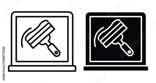 Laptop screen cleaning icon set showing squeegee tool wiping monitor display for digital maintenance service and computer hardware care symbol