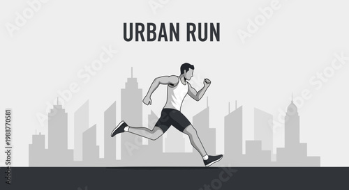 Urban Runner In Silhouetted Cityscape: Sports, Fitness, And Running Concept Illustration