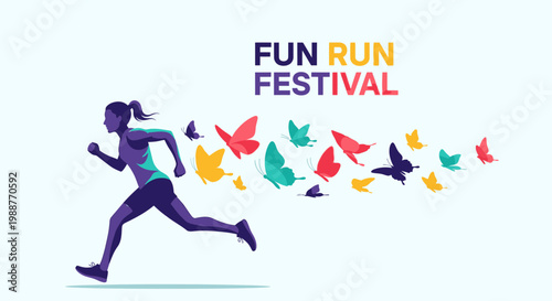 Vibrant Fun Run Festival Featuring a Woman Running alongside Colorful Butterfly Graphics
