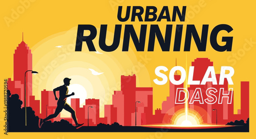 Urban Running Solar Dash: Energetic Silhouette of Athlete Sprinting Through Cityscape Sunset