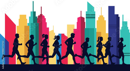 Urban Marathon: A Silhouette Illustration of Runners Against a Colorful Cityscape