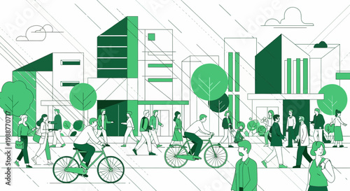 Urban Lifestyle Depicted Line Art Style With People, Buildings, and Greenery
