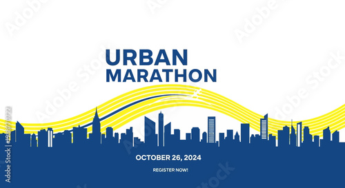 Urban Marathon Advertisement with Cityscape, Event Date, and Registration Call to Action
