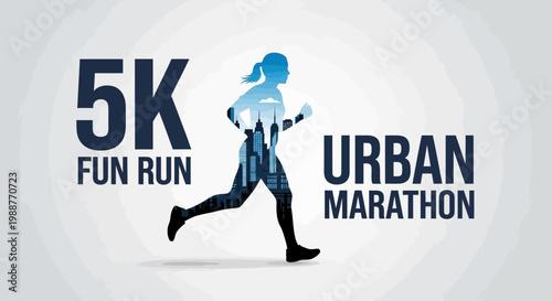 Urban Marathon 5K Fun Run Graphic Featuring Runner Silhouette and Cityscape