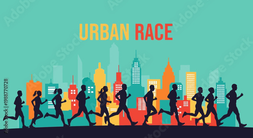 Urban Race Competitors Silhouettes Racing in A Vibrant Cityscape, Illustrative Design